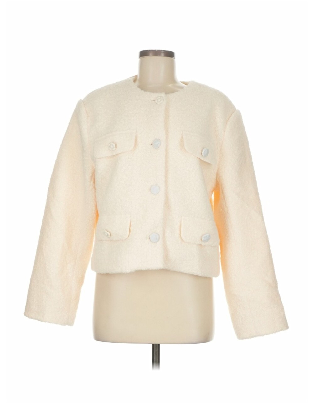 MABLE Cream Fuzzy Cropped Jacket Size M NWT Button Front Pocket Teddy Bouclé